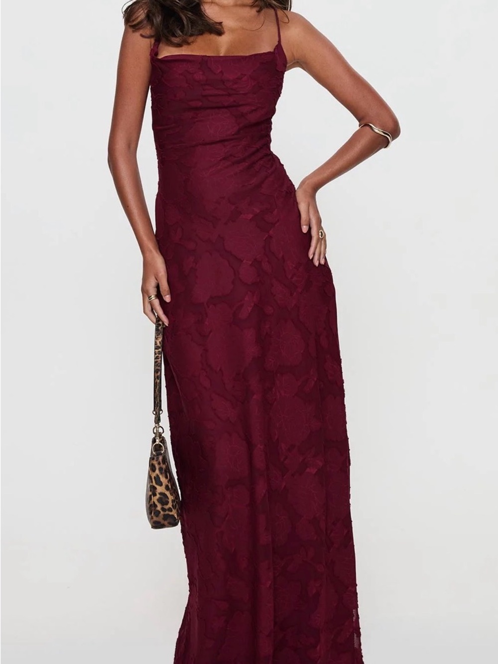 Princess Polly - Celena Maxi Dress Burgundy Burnout - Size 4